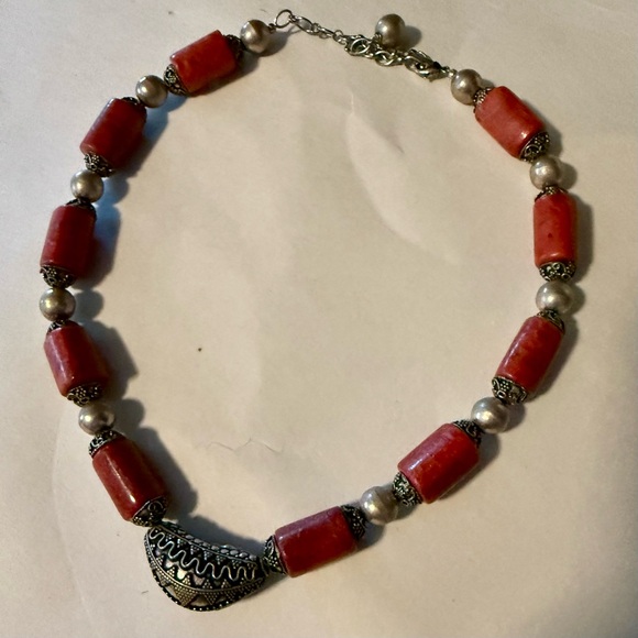 Red Coral Silver Bead Necklace Chunky Ethnic Tribal - Picture 5 of 8